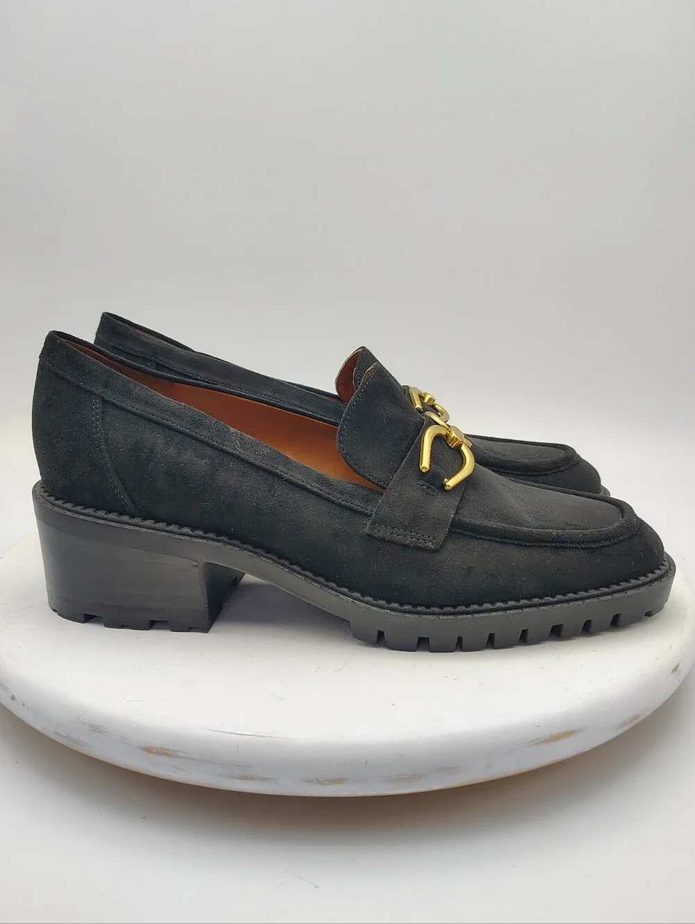 New Marc Fisher Black Suede Lug Sole Loafers with Gold Hardware Accents Size 9.5
